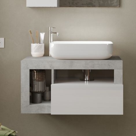 Meuble suspendu salle de bain gris béton et blanc L 80cm GAMA (1/5)