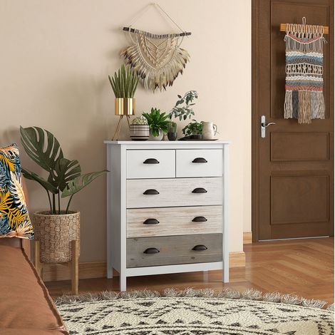 Comò a 5 cassetti, comò bianca con maniglia a conchiglia, anti-ribaltamento, 70x38x85 cm, per camera da letto, soggiorno, bianco (1/5)