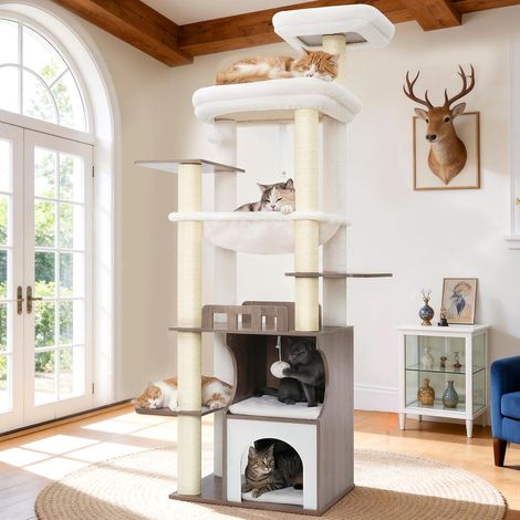 Arbre à Chat Maine Coon, 180 cm Tour de Jeux pour Chats Adulte, Tour Chat Moderne avec Niche à Chat en Bois à Deux étages, 2 Plateformes, Hamac et Poteaux à Griffer, Gris Rustique GCT102SG (1/5)