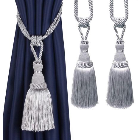 Lot de 2 attaches-rideaux à pompon, liens de rideau tressés faits à la main pour décoration maison bureau hôtel (argent, lot de 2) (1/5)