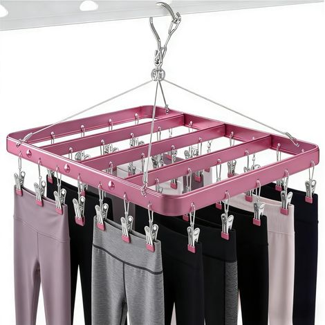 Étendoir à Linge en métal avec 36 Clips, Crochet Coupe-Vent, Pince à Linge Pliable pour Chaussettes, Soutien-Gorge, sous-vêtements (Rose) (1/5)