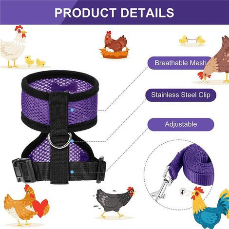 Harnais réglable pour poule avec laisse, gilet respirant pour poule avec ceinture assortie de 1,1 m, corde de traction pour l'entraînement extérieur des animaux de compagnie (canard, oie), bleu, taill