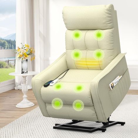Fauteuil de télévision, fauteuil de détente avec aide au lever, fauteuil de massage électrique avec fonction d'inclinaison, fauteuil de salon avec 2 télécommandes, tissu beige