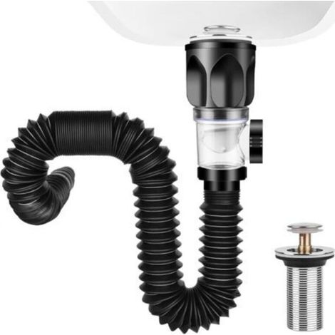 Juego de tapón para fregadero, sifón retráctil de 300 a 1000 mm, desagüe con vierteaguas flexible y colador retráctil, para baño y cocina (negro) (1/5)