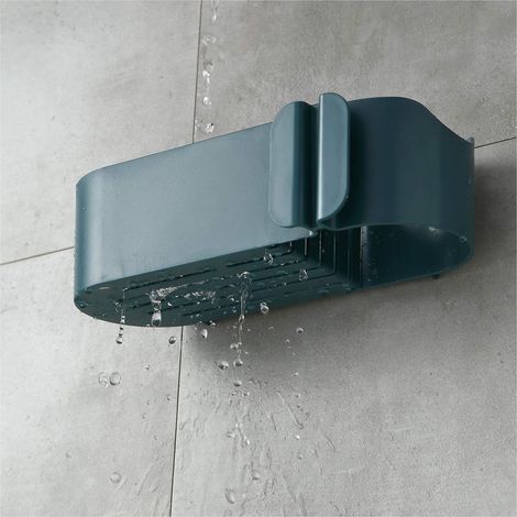 Support mural pour sèche-cheveux, boîte de rangement pour sèche-cheveux avec compartiment de rangement, non perforé, étanche, forte adhérence (bleu) (1/5)