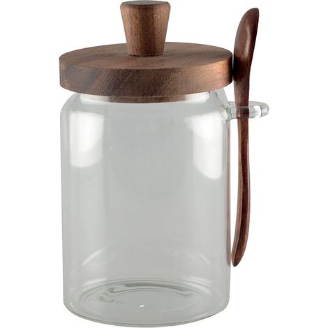 Sucrier en verre avec couvercle et cuillère en bois - Pot à miel rond transparent - PANGIVO (1/2)