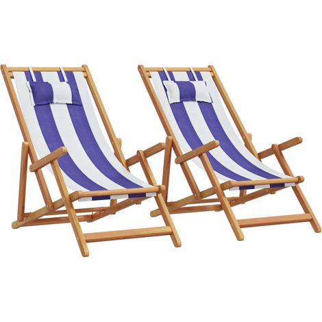 Chaises de plage pliantes lot de 2 bleu blanc tissu bois massif
