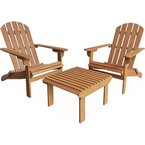 Lot de 2 fauteuils de jardin en bois avec un repose-pieds/table basse - Adirondack Salamanca - Eucalyptus. chaises de terrasse retro