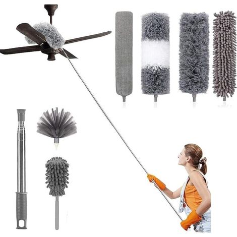 7er-Pack Teleskop-Reinigungsset aus Mikrofaser-Staubwedel mit waschbarem Edelstahlgriff, abnehmbaren Köpfen, Staubbürste für Deckenvorhänge, Ventilatoren, Spinnweben, Jalousien (1/4)