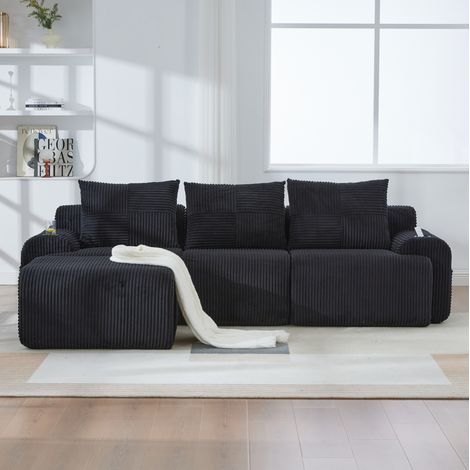 Canapé modulable 268/174/80 cm en velours côtelé noir avec porte-gobelet et poche latérale (1/5)