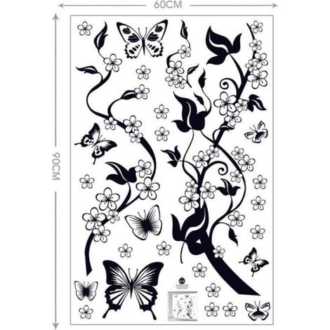 Sticker mural - Noir Vigne de Fleur et Papillons - Noir - PVC non toxique - 98x105 cm (1/3)