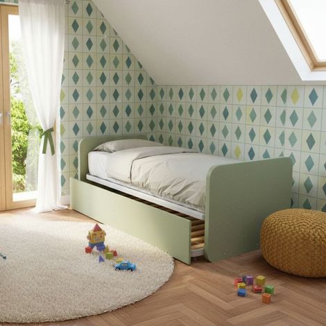 Letto singolo con letto estraibile, trasformabile in matrimoniale. Testate personalizzabili, reti in acciaio e doghe in faggio - Salvia