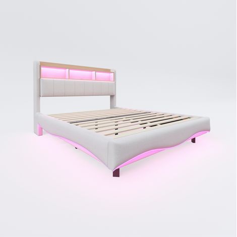 Cama tapizada flotante 160x200 cm con iluminación LED, puertos USB y Tipo C, tejido gris (1/5)