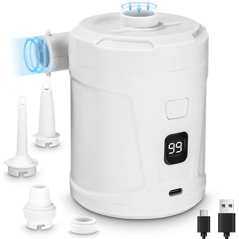 Pompe à air électrique, Gonfleur Dégonfleur Électrique, Batterie Rechargeable 5200 mAh, Gonfleur Matelas Gonflable avec 3 Buses d'air, Gonfleurs Rapide pour Bateau Pneumatique/Matelas Pneumatique (1/4)