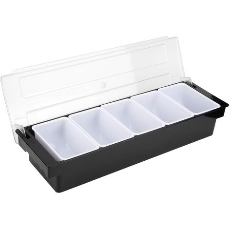 Dispensador de condimentos de plástico, bandeja para frutas, guarnición y condimentos, 5 compartimentos con tapa para servir tacos, helados, frutas y ensaladas (1/5)