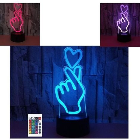 3D-Nachtlicht mit Herz-und-Hand-Fernbedienung – 16 Farben – LED-Lichtillusion aus Acryl – Nachttischlampe