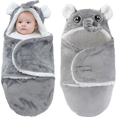 Kapuzen-Wickeldecke aus Wolle – Neugeborene – Flanell-Wickeldecke mit Cartoon-Print – weicher Plüsch-Schlafsack/Kinderwagentasche – 0–6 Monate (1/3)