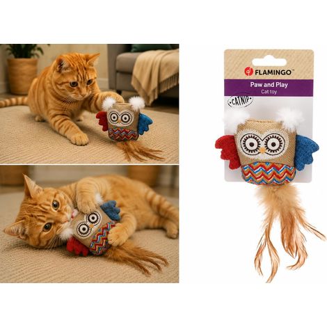 Jouet pour Chat - Flamingo Robla Chouette Multicolore en Tissu avec Plumes et Catnip 21cm (1/5)