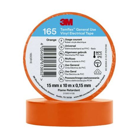 Ruban isolant 3M Temflex 165 en Vinyle Orange 10m x 15mm x 0.152mm ( Prix pour 1 )