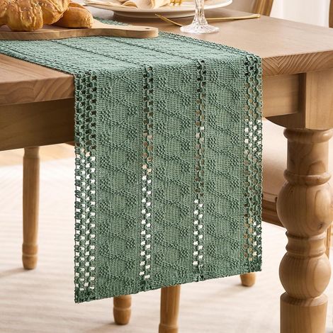 Tischläufer Salbeigrün Makramee 30x100 cm Baumwolle Leinen Boho Landhausstil