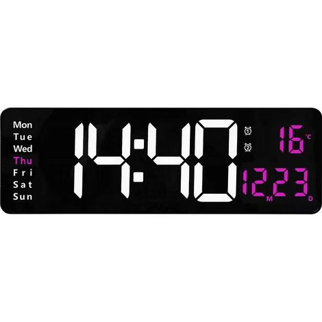 Horloge murale LED nordique 16 pouces, grand écran avec thermomètre, calendrier et alarme, pour salon. Température de poudre (1/5)