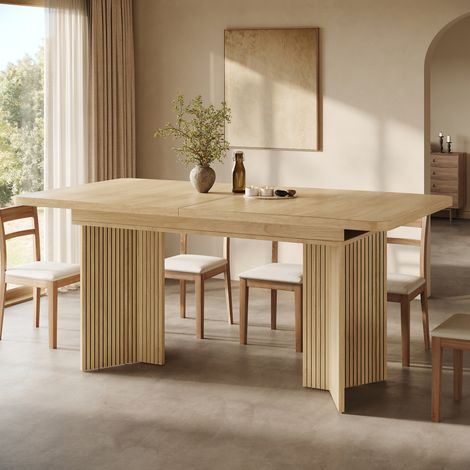 Table à manger extensible 120-160x80 cm, pieds en V rainurés, structure stable, MDF et métal finition bois (1/5)