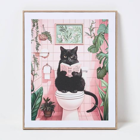 HOMESCAPES Black Cat on Toilet Wall Art, 45 x 50cm (1/4)