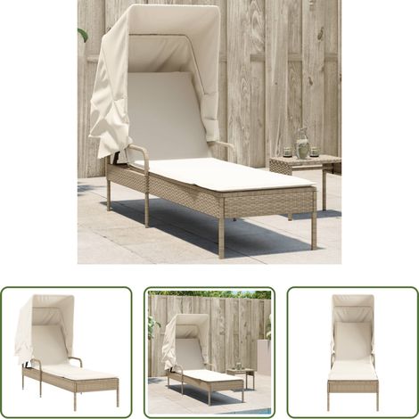 Bain de soleil avec auvent - Chaise longue avec auvent beige résine tressée (1/5)