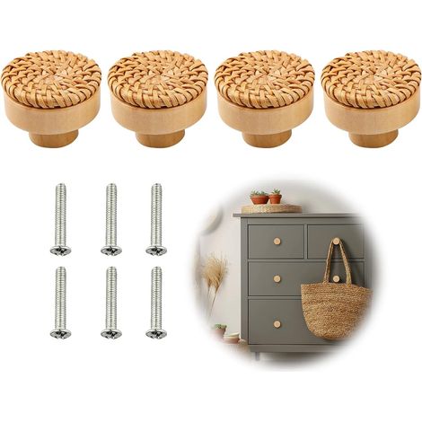 Bouton de meuble, boutons de meubles bohèmes vintage en rotin avec 6 vis pour tiroirs de commode, salon (1/5)