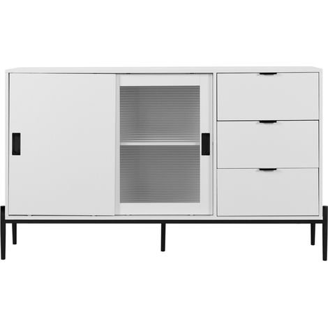 Buffet de rangement avec portes coulissantes en verre nervuré, 2 portes et 3 tiroirs, meuble console pour entrée, cuisine et bureau, blanc CHICFURN (1/5)