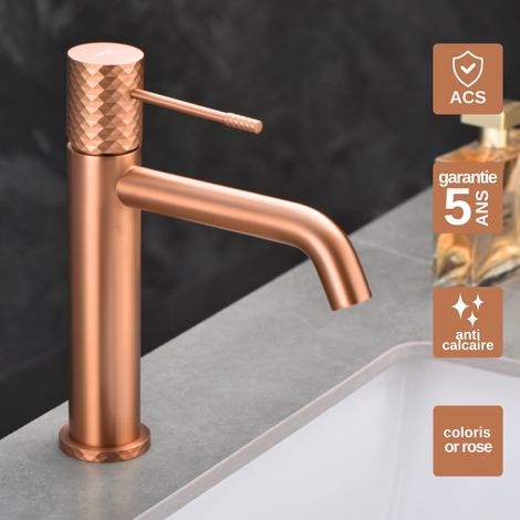 Robinet Mitigeur Lavabo Salle de Bain or rose cuivré – Bec Haut Anti-Calcaire – Design Moderne - GENOVA IMEX (1/5)