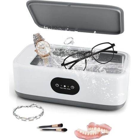 Machine de nettoyage à ultrasons, machine de nettoyage à ultrasons haute fréquence, machine de nettoyage à ultrasons pour bijoux, fonctionnement à un seul bouton, blanche. (1/3)
