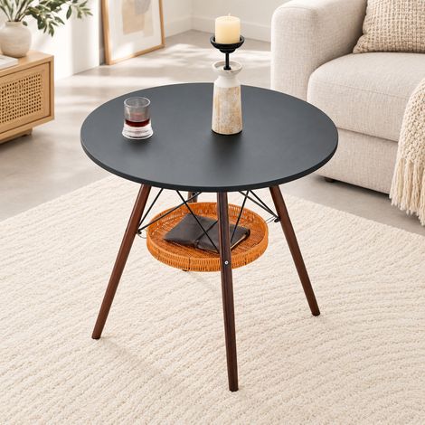 Table à manger ronde Ø80 cm, plateau MDF noir, pieds en bois massif finition noyer, panier de rangement tressé suspendu, 2 à 4 personnes (1/5)