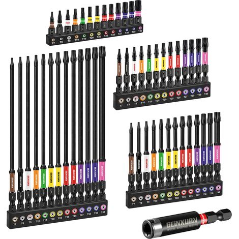 Lot de 52 Embouts de Vissage aux Chocs T7-T40 25mm 50mm, Jeu d'embouts Magnétique pour Visseuse Tournevis Tige Hexagonale 1/4" S2 en Acier Allié avec 1 Porte-embout de 60mm, Code Couleur (1/5)