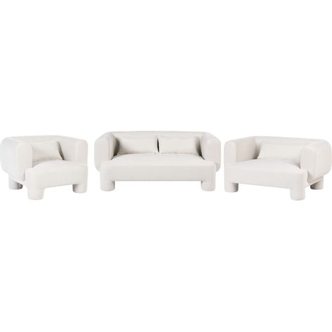 Conjunto de sala de estar sofá sillón tapizado de tela con textura aterciopelada patas cilíndricas estilo orgánico blanco Hogbo