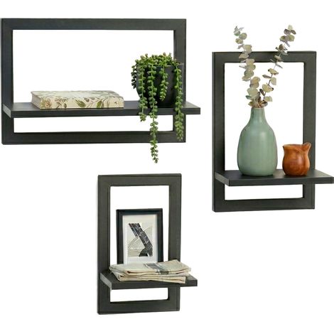 Relaxdays wall shelves, 3pc set, metal & MDF, 3 sizes, floating shelves for frames & decor, living room, hallway, black