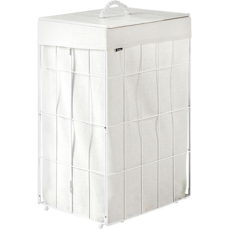 Cesto portabiancheria pieghevole con coperchio in bambù struttura in metallo e rivestimento in tessuto 72 l bianco per bagno Apoteri