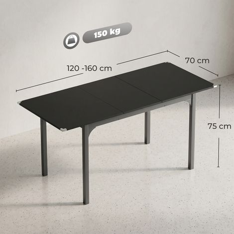 Table extensible pour 4 à 6 personnes, extensible de 120 à 160 cm, avec pieds en acier, noire. (1/5)