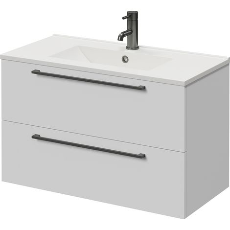 Napoli 390 Gloss White 800mm Wall Mounted 2 Drawer Vanity Unit with Angel Basin - 800mm - Gunmetal Grey 480mm Handle