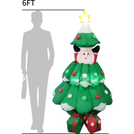 Décoration gonflable de Noël de 1,80 m représentant un Père Noël en forme de sapin, avec LED et piquets de fixation, idéale pour décorer jardin, cour ou fête en extérieur. (1/2)