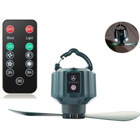 Ventilateur de plafond avec télécommande 5200 mAh/10400 mAh, port USB Type-C, ventilateur de camping avec LED intégrée, vert (1/5)