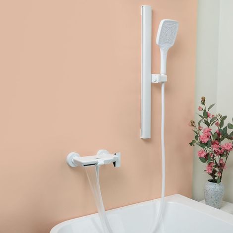 Robinet de Baignoire Cascade Mural avec Tringle de Douche Réglable, Mitigeur Baignoire avec Douchette À 3 Fonctions, Robinet Mitigeur pour Salle de Bains en Laiton Blanc PTBW16E (1/5)