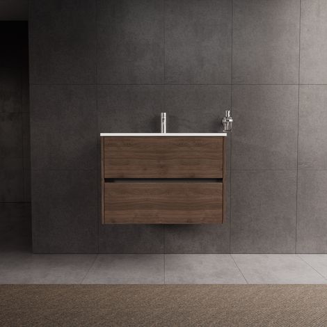 Inda - Badezimmerschrank 2 Schubladen L.80 mit glänzendem Waschbecken / Braune Eiche - Diamante