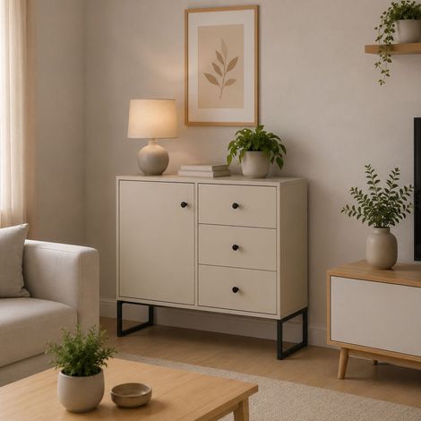 Aparador Leranoro, Alacena 3 Cajones, un Estante, Apertura Abatible y Corredera, 77x33x82h cm Beige Cashmere (1/3)