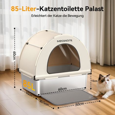 Maison de Toilette pour Chat XXL avec Toit Bac à Litière en Acier Inoxydable Grand Format 85L Anti-Odeur et Anti-Projections avec Tapis et Pelle Métallique
