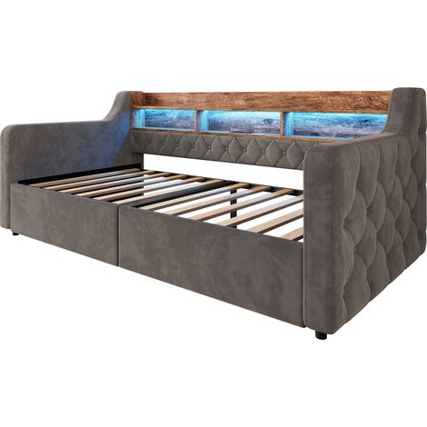 Cama tapizada 90x190 cm con almacenamiento, LED, USB y Type-C, 2 cajones, terciopelo gris oscuro (1/5)