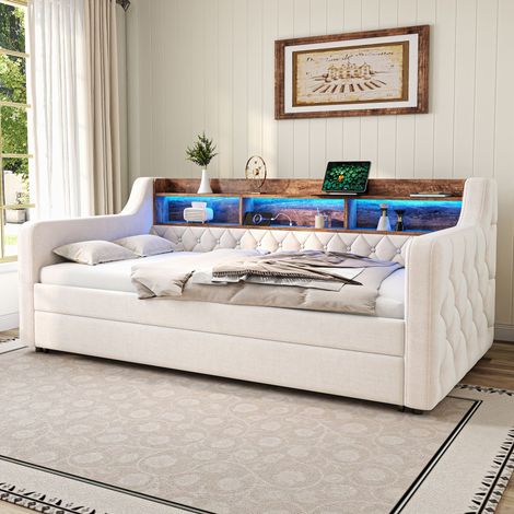 Lit banquette 90x190 cm avec lit gigogne, rangement, étagère, USB-C, LED, velours beige, structure métal et bois, 12 lattes (1/5)
