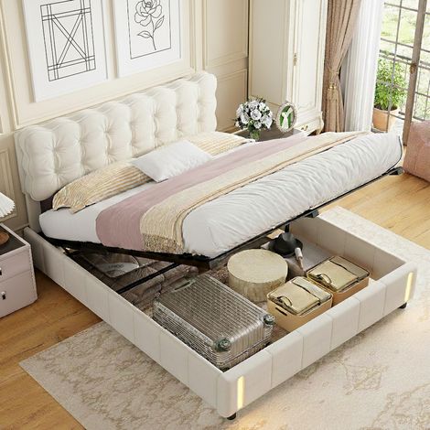 Lit coffre 160x200 cm avec lumière LED à capteur automatique, lit capitonné double avec rangement, fonction hydraulique pour adulte adolescent, velours, beige (1/5)