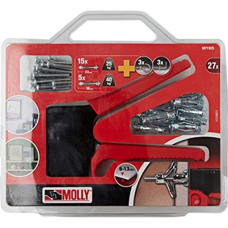 MOLLY Kit di Tasselli di Fissaggio - 10 da 4x33mm e 10 da 5x36mm + Pinza di Posa, Grigio, Set di 27 Pezzi M71925-XJ