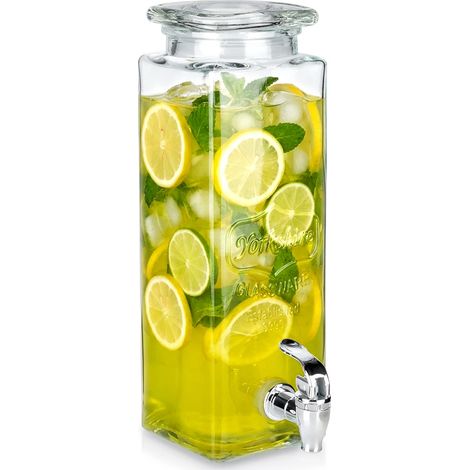 Jarra dispensadora de bebidas grande de vidrio con grifo y soporte de 2,3 L (1/5)